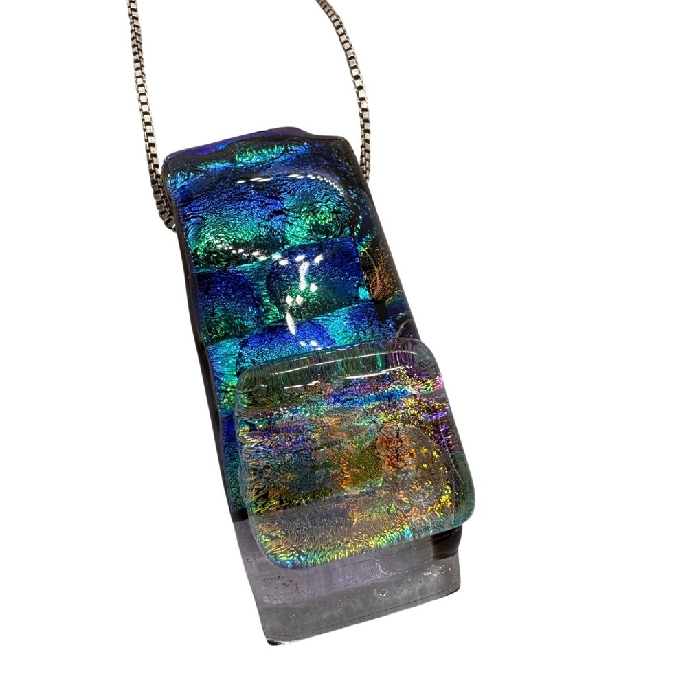 Vintage Dichroic Glass Pendant 18in Sterling Silver 925 Box Chain Necklace Italy